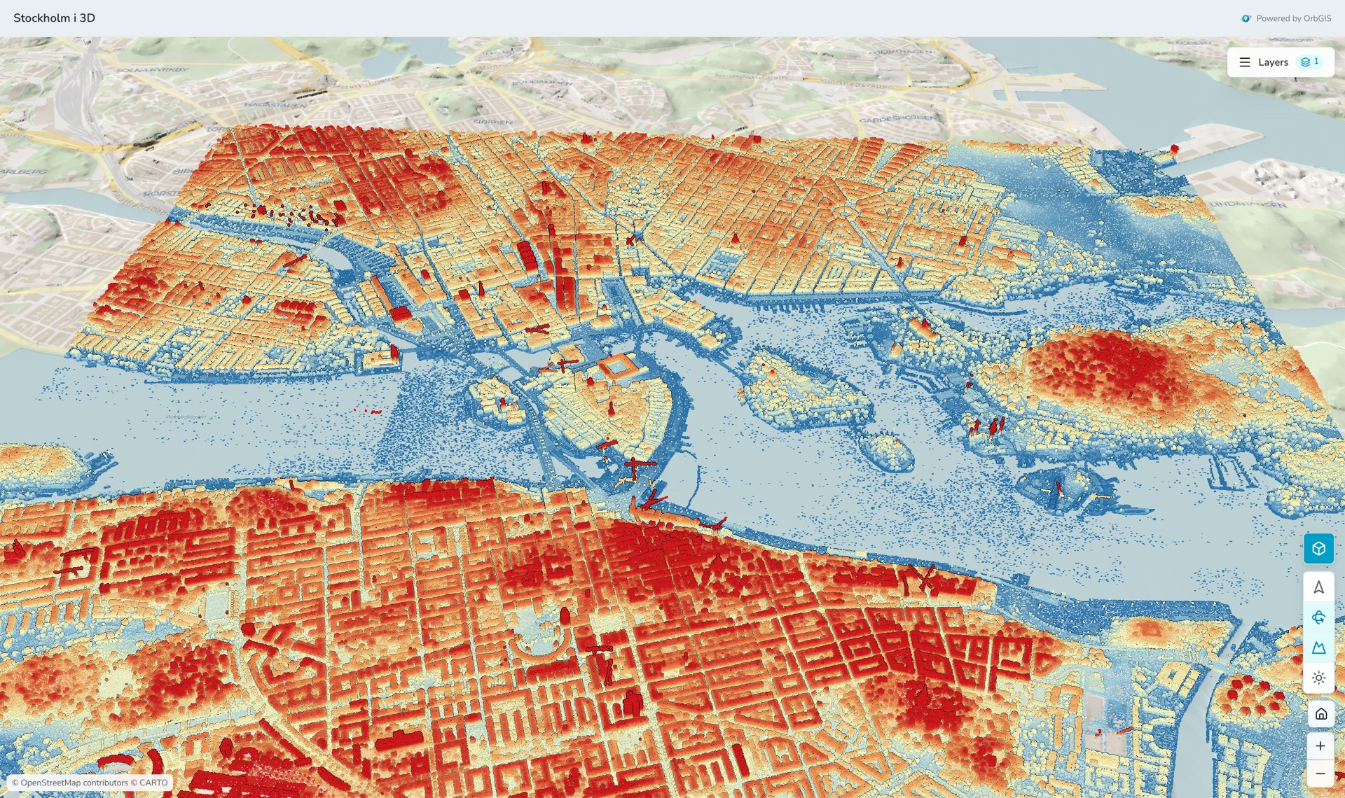 Demokartan Stockholm i 3D: ett punktmoln över innerstaden färgsatt efter höjd, lutat över den inbyggda terrängen